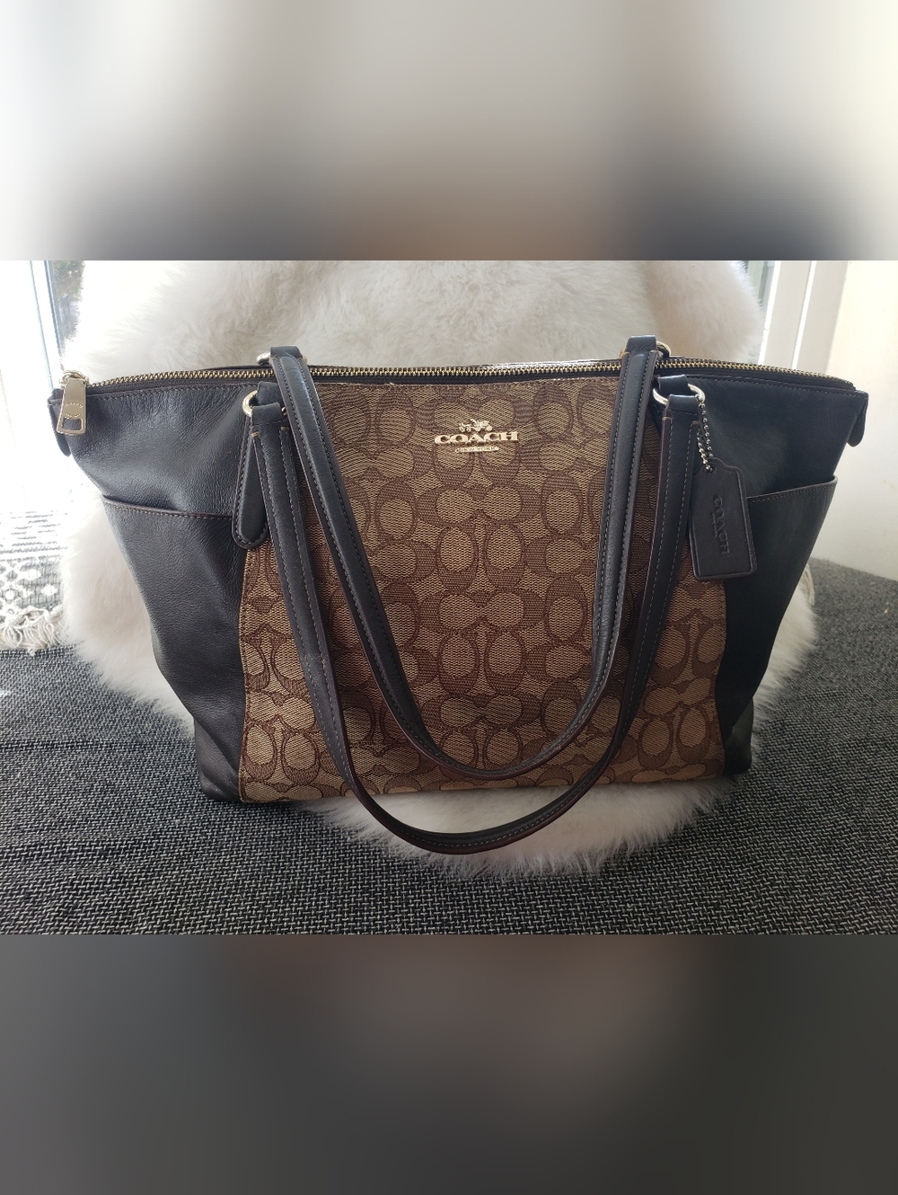 Coach Ava  Khaki Signature Canvas Shoulder/ Tote Bag with Espresso Leather Trim